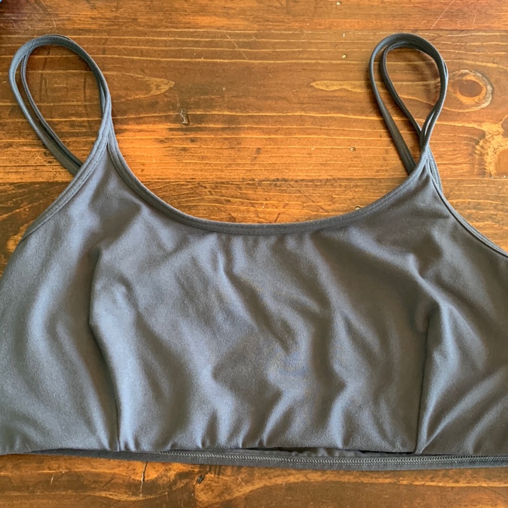Grey Fabletics sports bra, size large, mesh cross back, double straps, no liner